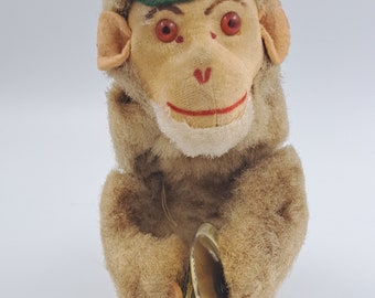 Vintage 1950s West German Wind Up Toy Plush Monkey With Cymbals