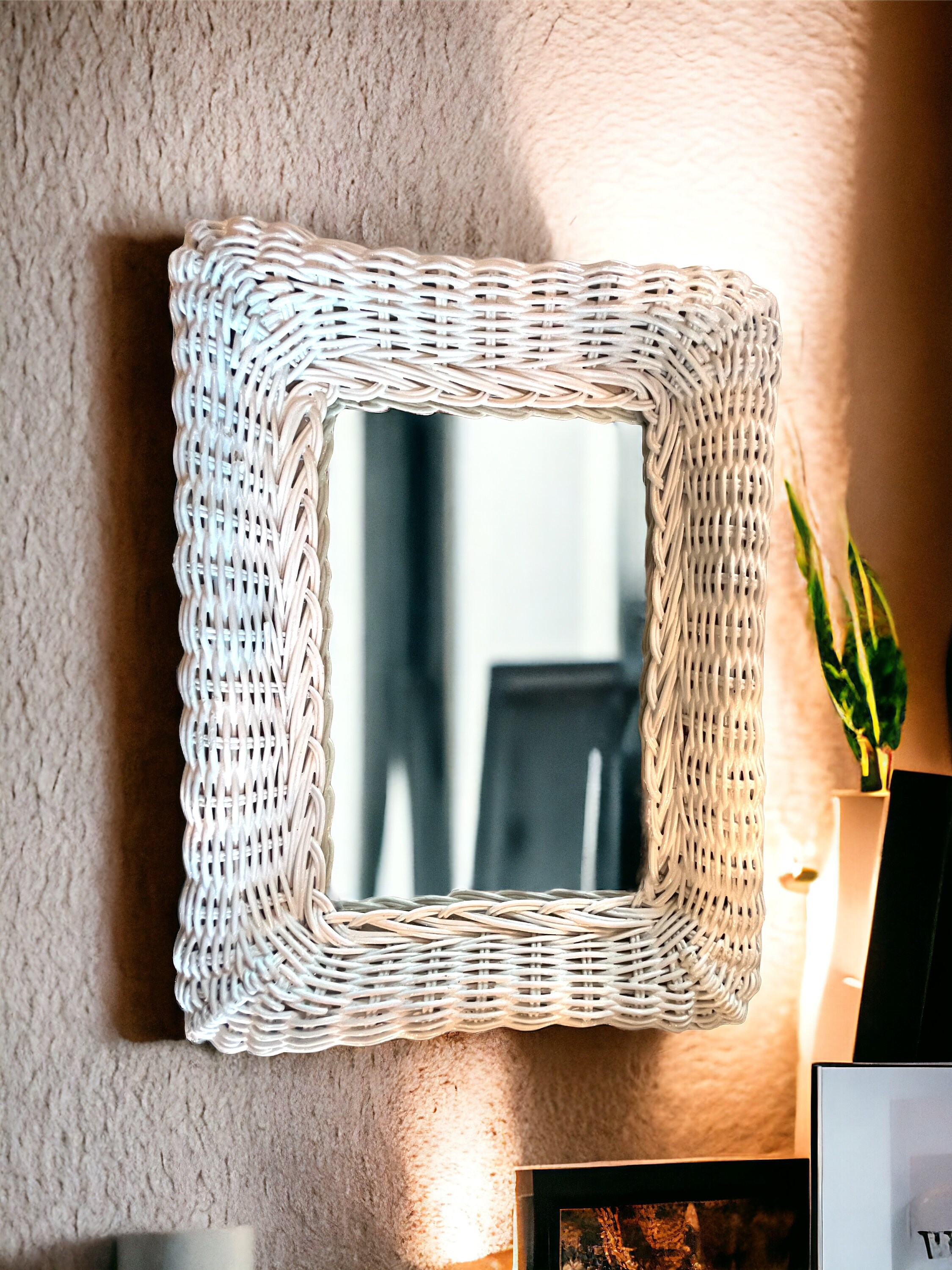 Vintage White Rattan Retro Mirror Wall Decor Boho Style Living Room Etsy