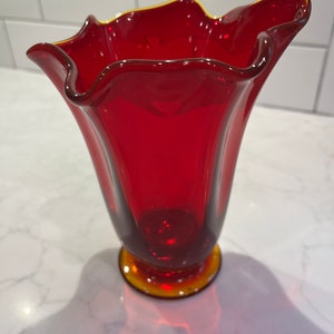 Mid Century Modern Vintage Amberina Red Hankerchief Vase Gift Hand Blown Glass Christmas Decor Retro