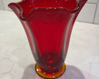 Mid Century Modern Vintage Amberina Red Hankerchief Vase Gift Hand Blown Glass Christmas Decor Retro