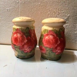 Vintage Salt and Pepper Shakers Hand painted porcelain ceramic flowers roses gift under 15 kitchen decor set