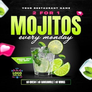 Edytowalny szablon ulotki, ulotka Mojito, ulotka Margarita, meksykańska restauracja, koktajle, napoje, bar i grill, marketing, tygodniowe promocje