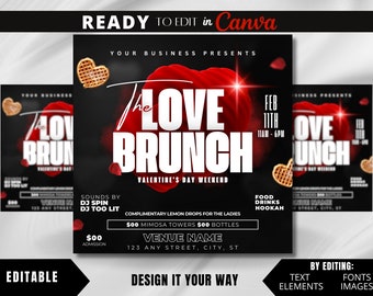 Editable Flyer Template, Valentine's Day Brunch, Day Party, Valentine's Day Club Flyer, Luxury Brunch Flyer, Valentine's Day Event