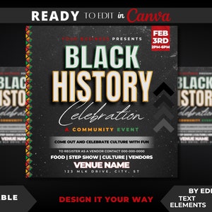 以下が含まれることがあります： 黒人歴史祝賀イベントのチラシで、背景は濃いグレーです。「Black History Celebration」の文字が大きく太字で、金色の縁取りがされています。チラシにはイベントの詳細と「Come out and celebrate culture with fun」というフレーズも含まれています。