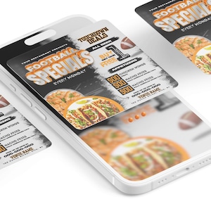 Edytowalny szablon ulotki, Dzień gry, Ulotka o jedzeniu piłkarskim, Specjalne jedzenie, Marketing restauracji, Specjalne dania na pizzę, Bar sportowy, Specjalne oferty cateringowe