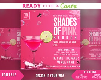Editable Flyer Template, Shades of Pink Brunch Party, Day Party, Club Flyer, Nightclub Flyer, Brunch Flyer Templates, Summer Party,