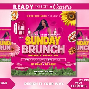 Editable Flyer Template, Spring Tings Brunch Flyer, Sunday Funday Brunch, Day Party, Brunch Party, Bar and Grill, Hookah Lounge, Caribbean