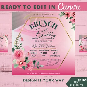 Könnte beinhalten: Rosafarbene und goldene Einladung zur Brautparty mit floralem Design. Die Einladung lautet "Brunch und Bubbly" und enthält Datum, Uhrzeit und Ort der Veranstaltung. Sie enthält auch den Text "RSVP Now at www.rsvpwebsite.com".
