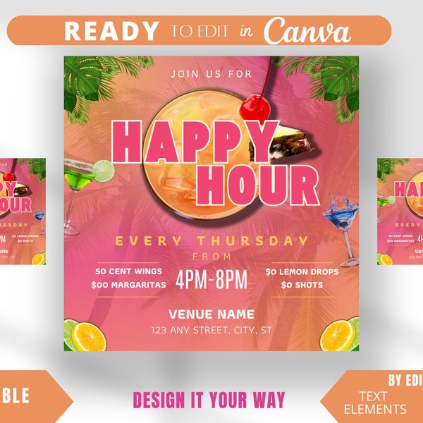 Editable Flyer Template, Sunset Happy Hour Flyer, Bar and Grill, Restaurant Tropical Happy Hour, Summer Events, Club Flyer, Cocktails