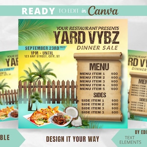 Plantilla de volante editable, volante de comida caribeña, restaurante caribeño, pescado frito caribeño, menú caribeño, comida caribeña