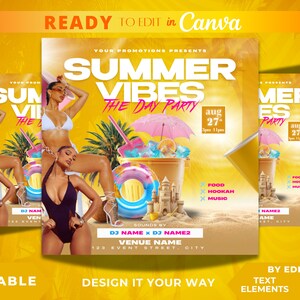 May include: A summer party flyer with a yellow background and a beach scene. The text reads "Summer Vibes The Day Party" with the date "Aug 27th" and the time "3pm - 11pm". The flyer also includes the text "DJ Name x DJ Name2" and "Venue Name".