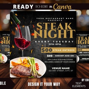 Edytowalny szablon ulotki, ulotka Steak Night, dzisiejsza oferta specjalna, ulotka klubowa, ulotka Lounge, bar i grill, marketing restauracji, ulotka dotycząca jedzenia