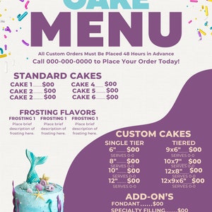 Editable Menu Template, Cake Menu, Dessert Menu, Cake Shop Business ...
