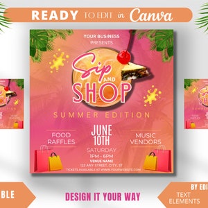 Bewerkbare flyersjabloon, slokje en shop bij zonsondergang, flyer voor lenteevenement, pop-upwinkel zomer, slokje en shop, tropisch, pop-up, shoppingevenement,