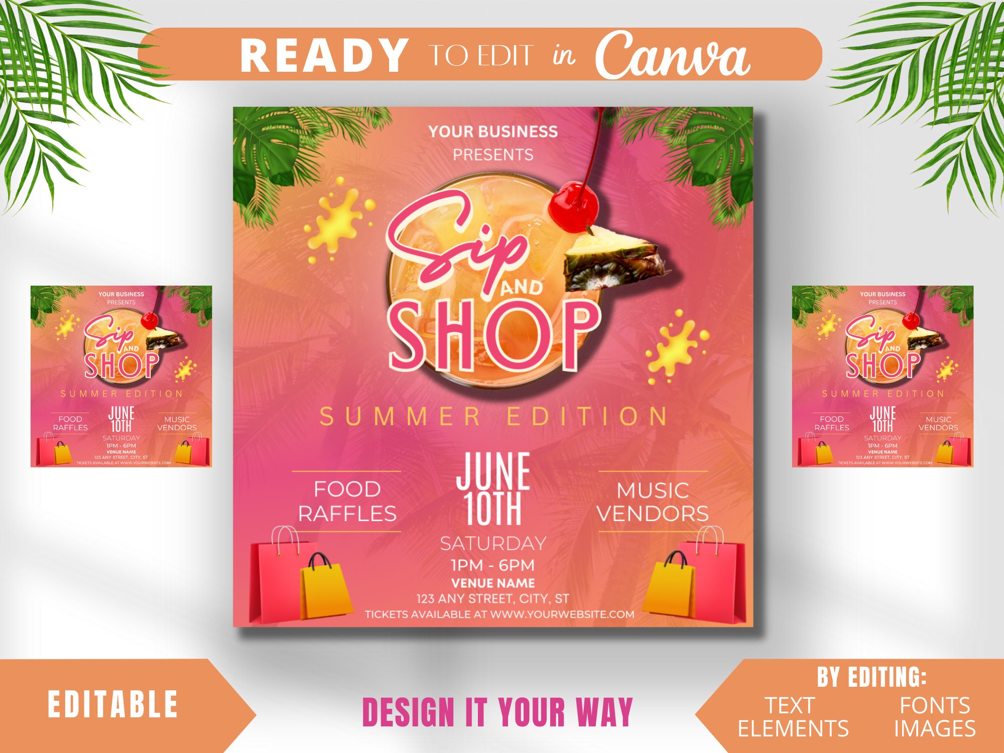 Editable Flyer Template, Sunset Sip and Shop, Spring Event Flyer, Summer Pop Up Shop, Sip and Shop, Tropical, Pop Up, Shopping Event,