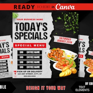 Edytowalny szablon ulotki, dzisiejsze menu, dzisiejsze specjały, tygodniowe menu, szablon ulotki żywnościowej, marketing restauracji, specjalne dania, wyprzedaż kolacji