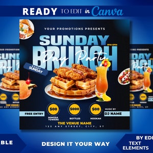 Editable Flyer Template, Sunday Brunch, Club Flyer, Restaurant Marketing, Bar and Grill, Brunch Event, Chef Flyer, Chicken and Waffles