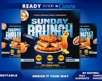 Editable Flyer Template, Sunday Brunch, Club Flyer, Restaurant Marketing, Bar and Grill, Brunch Event, Chef Flyer, Chicken and Waffles