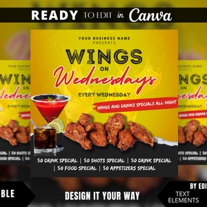 Edytowalny szablon ulotki, Wings On Wednesdays, Bar i grill, Ulotka do salonu, Klub, Klub nocny, Marketing restauracji, Post w mediach społecznościowych, Jedzenie