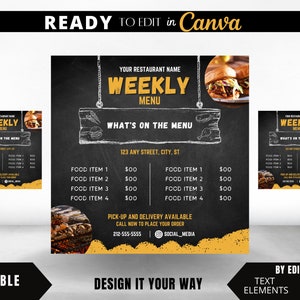 Edytowalny szablon ulotki, szablon tygodniowego menu, ulotka żywności, cennik usług cateringowych, menu usług cateringowych, szablon menu, menu restauracji, specjalne jedzenie