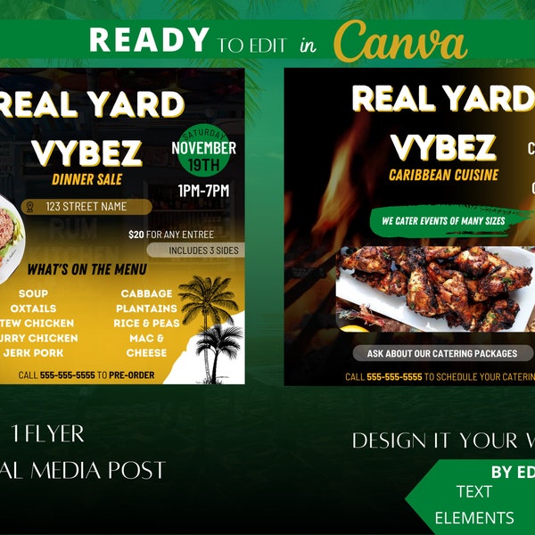 2 Flyers Bundle Deal, Editable Restaurant Flyer Template, Restaurant Food Flyer, Caribbean Restaurant, Soul Food, Caterer Flyer