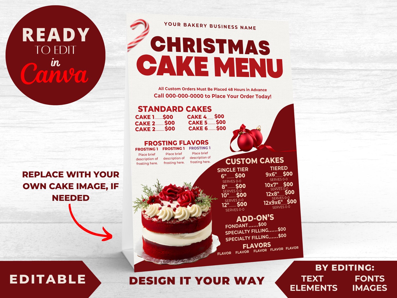 Editable Menu Template, Christmas Cake Menu, Dessert Menu, Cake Shop ...
