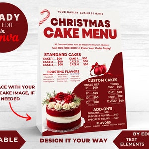 Bearbeitbare Menüvorlage, Weihnachtskuchenkarte, Dessertkarte, Cake Shop Business, Cake Shop Marketing, bedruckbar, Urlaubskuchen, 8,5 x 11 Zoll.