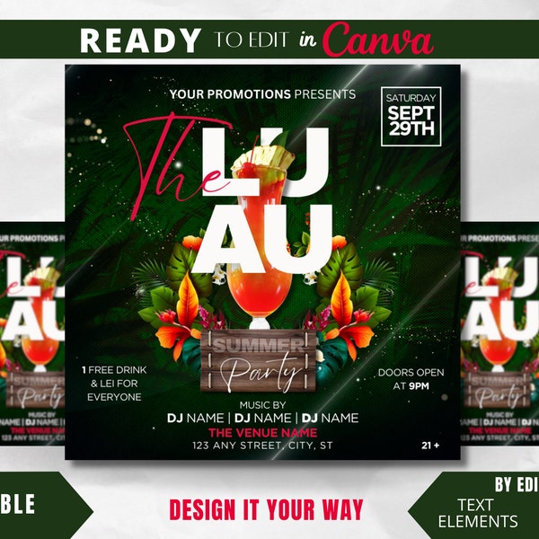 Editable Flyer Template, Luau Party, Tropical Party, Summer Party, Club Party Flyers, Saturday Party, Nightclub, Lounge, Hawaiian Themed