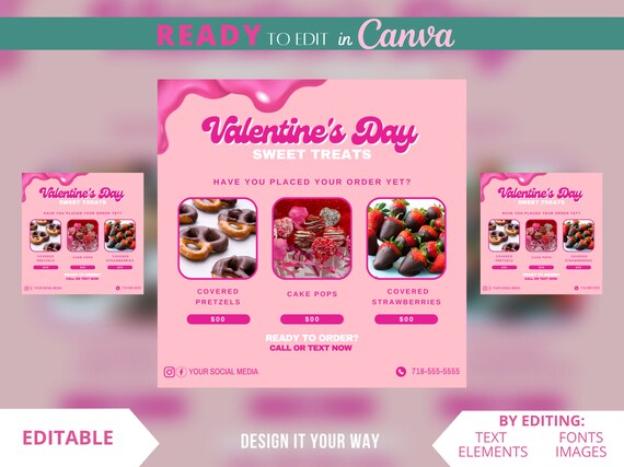 Editable Valentine's Day Sweet Treats Flyer, Dessert Flyer, Social Media Post, Cake Decorator, Bake Business Flyer, Sweet Treats Flyer