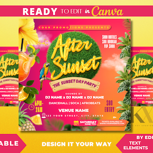 Könnte beinhalten: Ein rosa und orangefarbener Flyer mit einer grünen und gelben Grafik der Wörter "After Sunset" mit dem Text "The Sunset Day Party" darunter. Der Flyer enthält auch den Text "Sounds by DJ Name x DJ Name", "Dancehall | Soca | Afrobeats", "Venue Name", "123 Your Street, City, State", "Samstag, 7. Juni", "6PM-2AM", "500€ Eintritt", "21+", und "Tickets Available at www.YourWebsite.com".