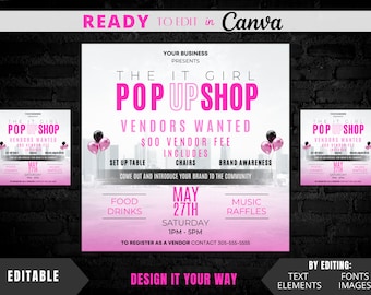 Op de afbeelding: Roze en zwarte flyer met de tekst "The IT Girl Pop Up Shop" en "Verkopers gezocht € 100 standgeld Inclusief stoelen Merkbekendheid". De flyer bevat ook de datum "27 mei Zaterdag 13:00 - 17:00 uur" en de tekst "Kom naar buiten en stel je merk voor aan de gemeenschap".