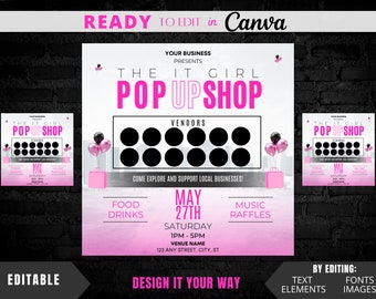 Op de afbeelding: Een roze en witte flyer voor een pop-up shop genaamd "The It Girl Pop Up Shop". De flyer heeft een stadsachtergrond met ballonnen en boodschappentassen. Het evenement is gepland voor 27 mei van 13:00 tot 17:00 uur. De flyer bevat ook de tekst "Food, Drinks, Music, Raffles".