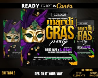 May include: A Mardi Gras party flyer with a gold mask, purple, green, and gold feathers, and the text "Mardi Gras Party" in gold letters.