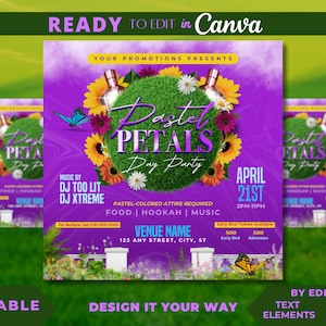 Puede incluir: Folleto morado con un diseño floral y el texto "Pastel Petals Day Party" en un círculo blanco. El folleto también incluye la fecha "April 21st" y la hora "2PM-11PM".