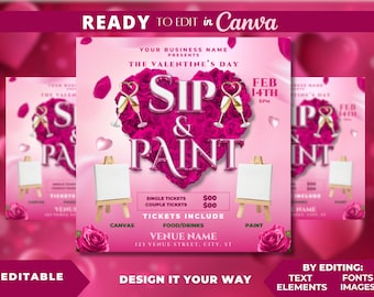 Editable Flyer Template, Valentine's Day Sip and Paint, Luxury Sip and Paint, Paint and Sip, Valentine's Day Event Flyer, Sip and Paint