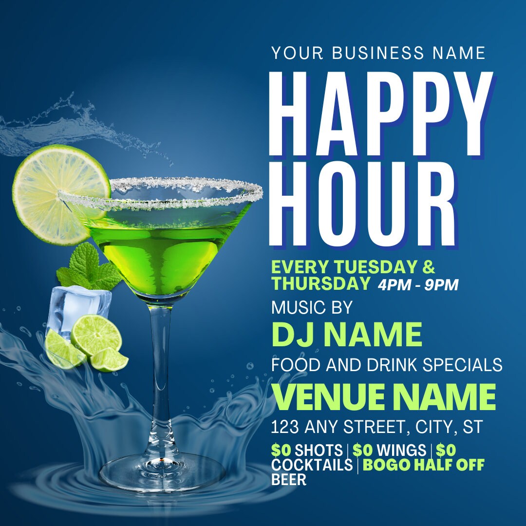 Editable Flyer Template Blue Paradise Happy Hour Flyer Bar Etsy