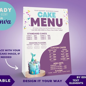 Bearbeitbare Menüvorlage, Kuchenkarte, Dessertkarte, Cake Shop Business, Cake Shop Marketing, bedruckbar, Preisliste, Kuchenverkauf, 8,5 x 11 Zoll.