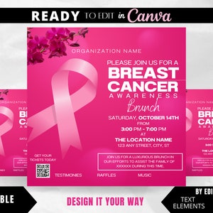 編集可能なチラシテンプレート、乳がん啓発、乳がんイベント、乳がん募金活動、乳がんブランチ、チャリティーイベントチラシ