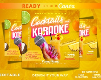 Editable Flyer Template, Yellow Paradise Karaoke Night, Karaoke, Club, R&B, Nightclub Party Template, Bar and Grill, Cocktail, Hookah Lounge