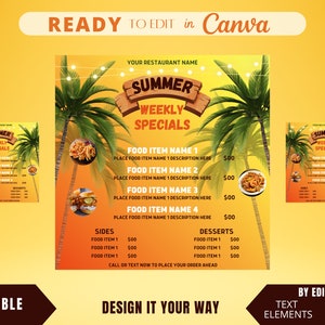 Plantilla de volante editable, menú de comida, menú de comida semanal, menú de comida breve, menú de verano, oferta de comida, oferta de cena, plantilla de menú de restaurante,