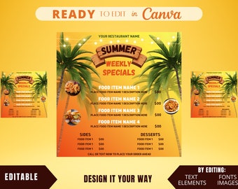 Editable Flyer Template, Food Menu, Weekly Food Menu, Short Food Menu, Summer Menu, Food Sale, Dinner Sale, Restaurant Menu Template,
