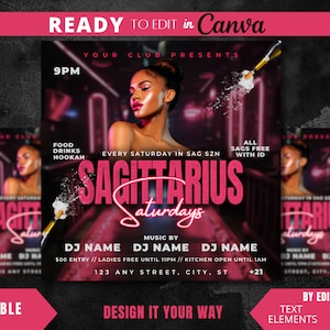 Editable Flyer Template, Sagittarius Season, Sagittarius Party, Sagittarius Bash, Zodiac Flyer, Adult Birthday Party, Club Flyer, Luxury