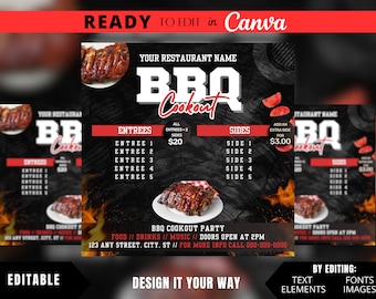 Editable Flyer Template, BBQ Cookout Party, Dinner Sale, Food Flyer, Restaurant Sale, Barbecue Dinner, BBQ Menu, Weekly Menu, Food Menu