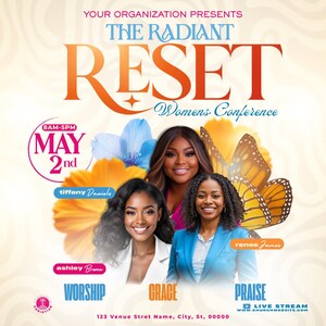 Może przedstawiać: Plakat promocyjny dla "The Radiant Reset Women's Conference" z trzema kobietami, elementami kwiatowymi i ilustracjami motyli. Plakat zawiera datę 2 maja oraz słowa "Worship", "Grace" i "Praise".