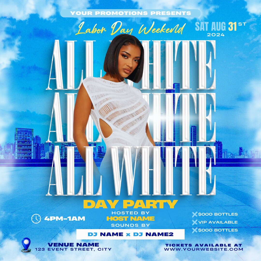 Editable Flyer Template, Luxury All White Day Party Flyer, Club Flyer, All White Birthday, Labor Day Weekend, Labor Day Party