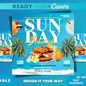 Editable Flyer Template, Summer Sunday Brunch, Club Flyer, Lounge, Bar and Grill, Brunch Event, Chef, Chicken and Waffles, Tropical, Luxury