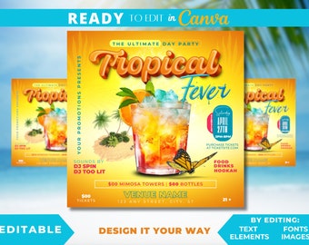 Editable Flyer Template, Tropical Fever Day Party Flyer, Luau, Tropical, Summer, Brunch Flyer, Paradise, Caribbean Carnival Event