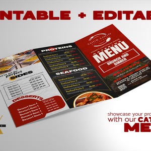 Plantilla de volante editable, menú de catering profesional, paquetes de catering, menú de catering, menú tríptico, food truck, menú de restaurante, cena