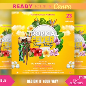 Editable Flyer Template, Tropical Fever Day Party Flyer, Party Flyer, Tropical, Summer, Brunch Flyer, Paradise, Caribbean Carnival Event