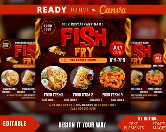 Bewerkbare flyersjabloon, 3D-tekst vis, Flyer vis, Community-evenement, Flyer foodtruck, Familie-evenement, Restaurantflyer, Cookout